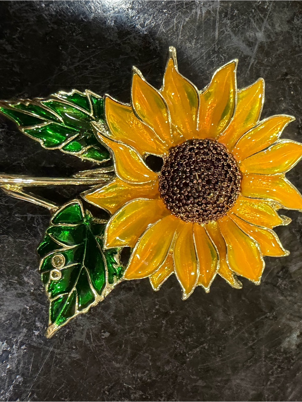 Yellow Sunflower Enamel Brooch with Green Leaves